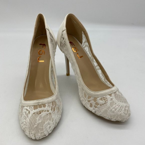 FSJ Shoes - FSJ White Round Toe Lace Wedding Stilettos Heels